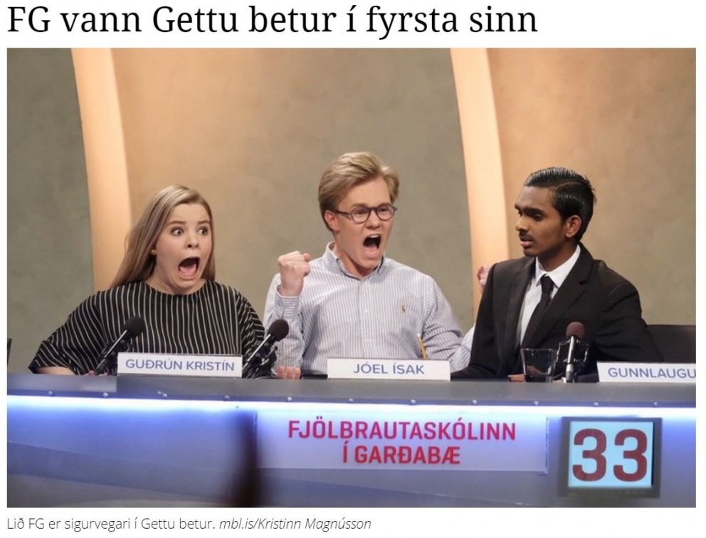 Skjáskot af frétt MBL.is þegar FG vann Gettu betur árið 2018. Frábært skot!
