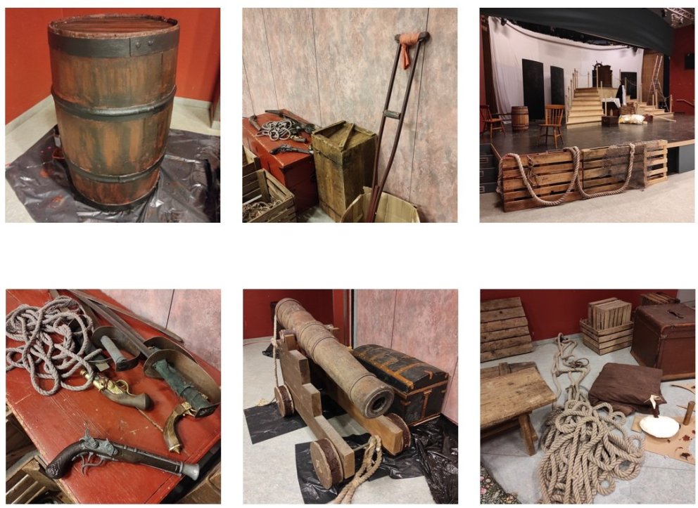 Nokkrir leikmunir í Gulleyjunni.