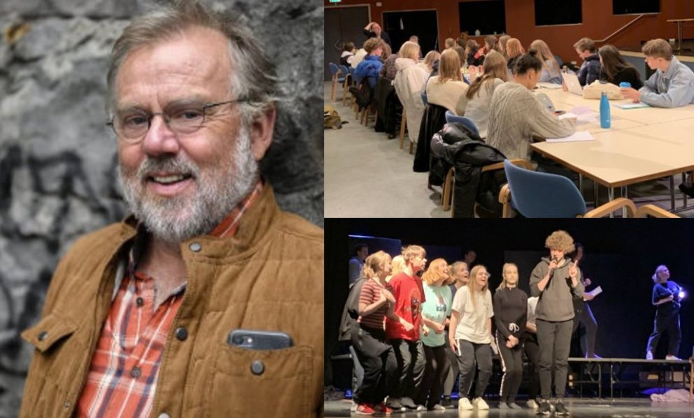 Karl Ágúst Úlfsson höfundur leikritsins og myndir frá æfingum. (Mynd KÁ, FRBL)