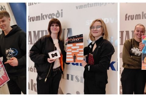 Þessi unnu í plakatkeppni: Sunneva og Aron Snær (2.sæti), Elísabet Vény og Finn (1.sæti) og Urður, B…