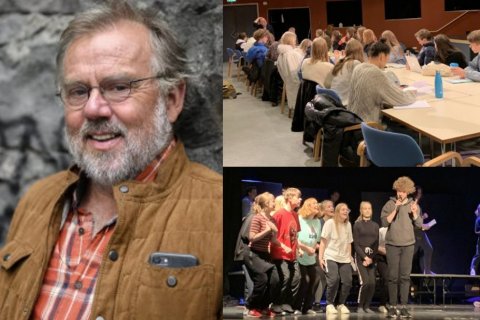 Karl Ágúst Úlfsson höfundur leikritsins og myndir frá æfingum. (Mynd KÁ, FRBL)